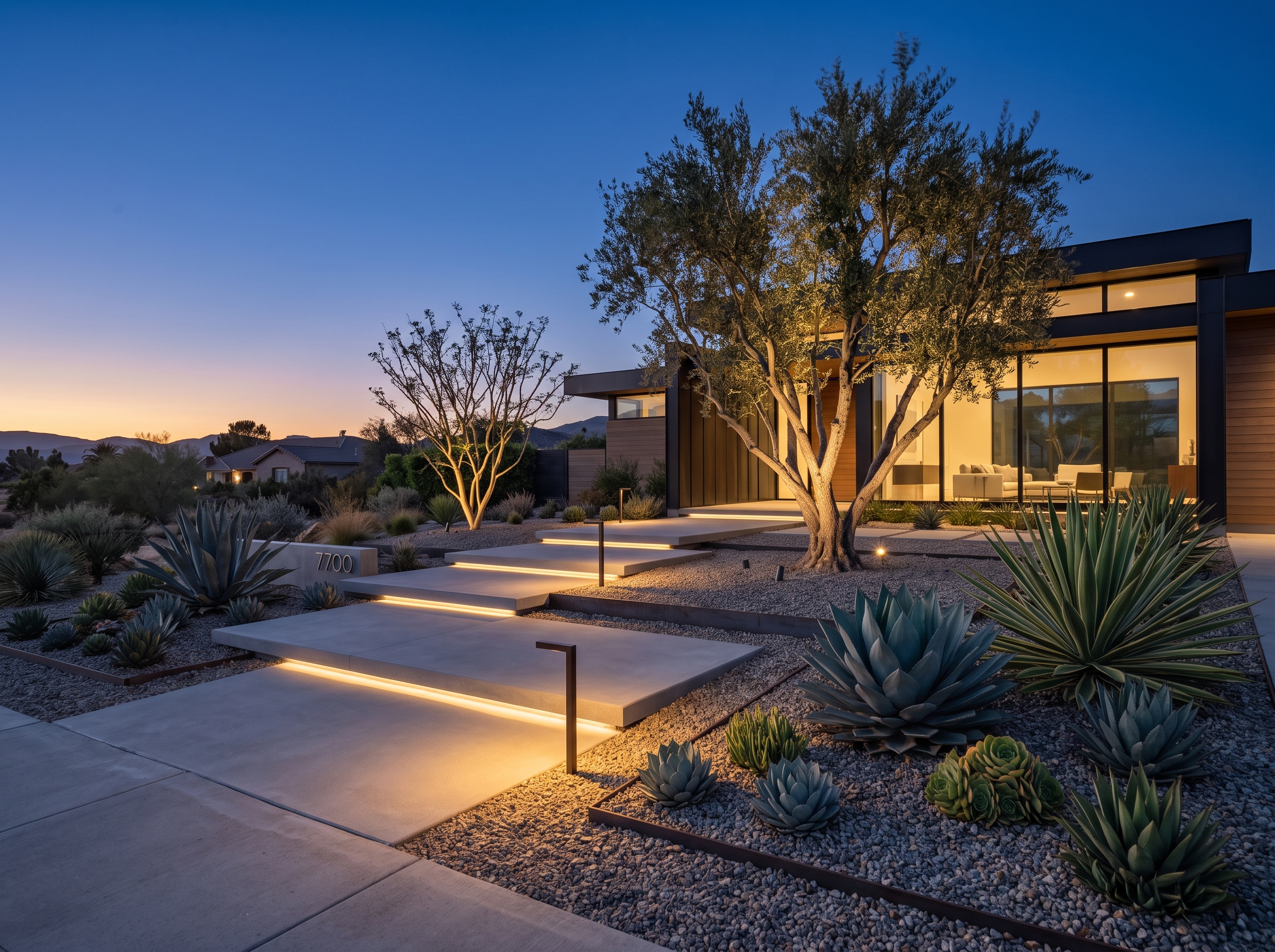 Modern front yard at twilight